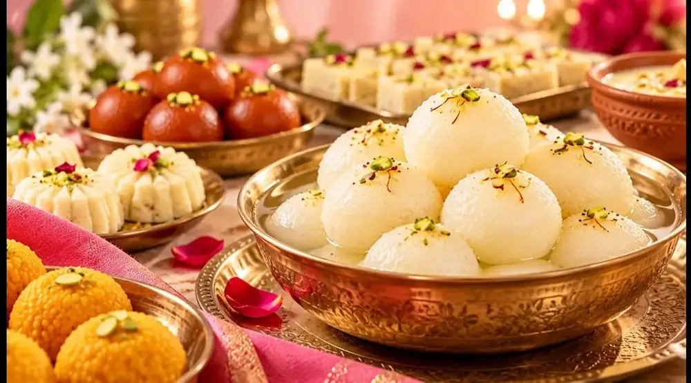 Festive Sugarika sweets platter with rasgulla, laddu and barfi